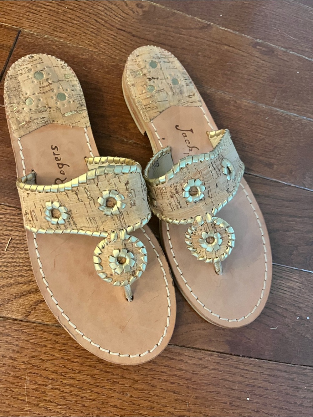 Jack Rogers Tan Cork Leather Sandals with Gold Accents